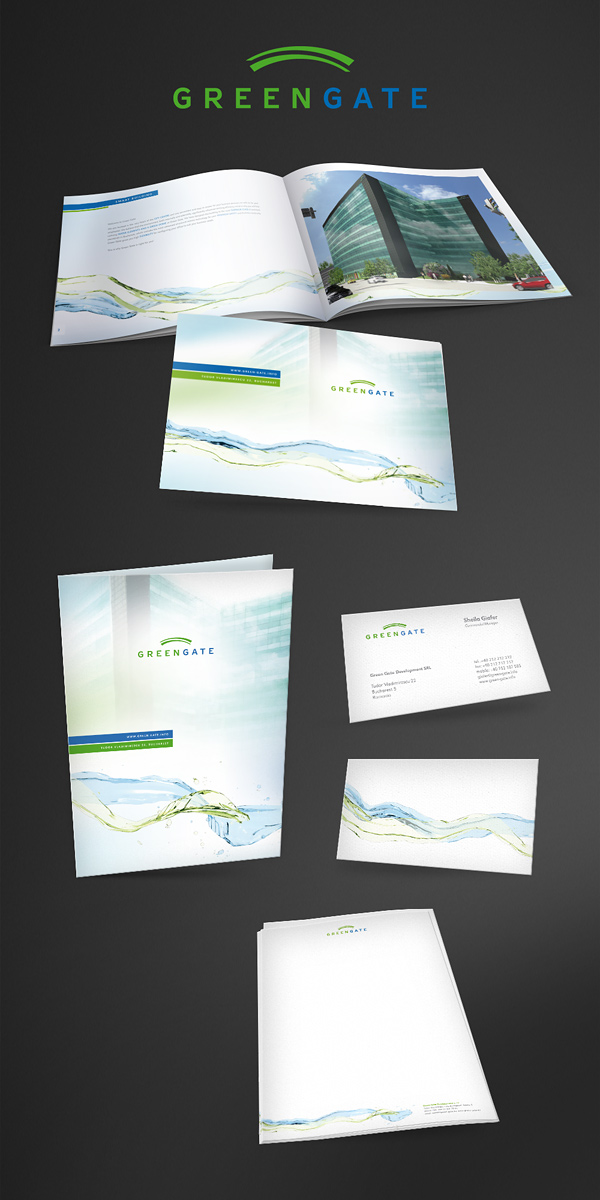 Grafika loga a dalších tiskových materiálů developerského projektu Green Gate.